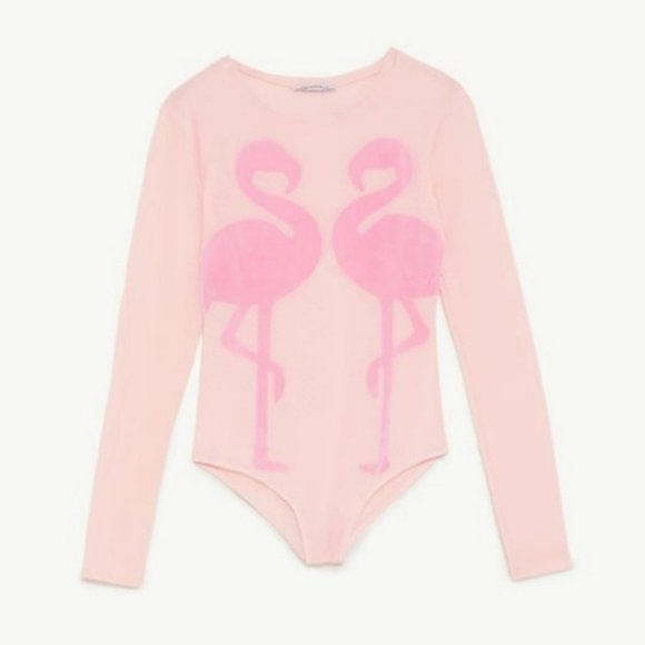 Zara Flamingo Bird Sheer Mesh Bodysuit Velvet Velo - Picture 4 of 8